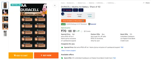 Image of DURACELL Alkaline AA Battery (Pack of 10)