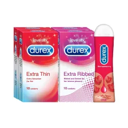 Durex Pleasure Packs (Extra Thin 10s, Extra Ribbed 10s, Strawberry 50 ml)