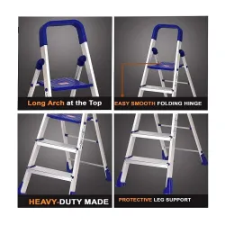 Dynamo - Foldable Aluminium Step Ladder, Safety Clutch Lock, Anti Slip Steps, Knee Guard, Anti Skid PVC Shoes, 4 Steps (Aluminium, Steel, Blue)