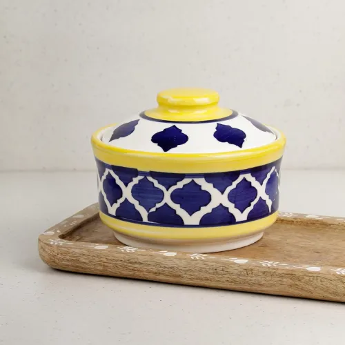 Image of The Earth Store Moroccan Yellow and Blue Multipurpose Ceramic Donga Set of 1, 500 ML Serving Bowls with Lids | Donga Set