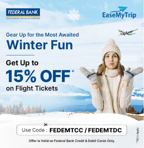 Image of EaseMyTrip Coupon : Flat 15% off flight booking using Federal Bank Cards 