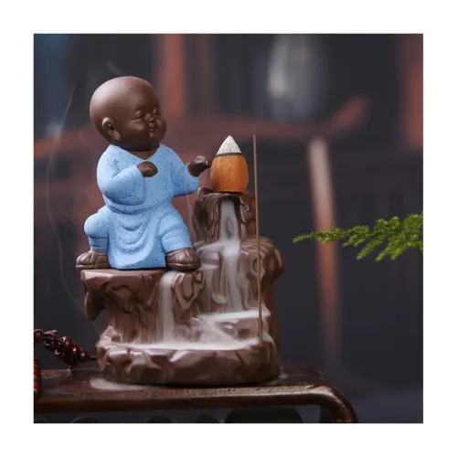 Image of eCraftIndia Karate Style Monk Buddha Smoke Backflow Cone Decorative Incense Holder (7 cm x 7 cm x 12, Blue)