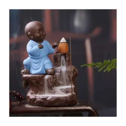 eCraftIndia Karate Style Monk Buddha Smoke Backflow Cone Decorative Incense Holder (7 cm x 7 cm x 12, Blue)