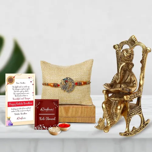 Image of eCraftIndia Designer Peacock Rakhi, Lord Krishna Idol Playing Flute Under Tree