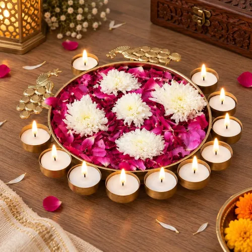 Image of eCraftIndia Golden Metal Traditional Peacock Designer Urli with 11 Tea Light