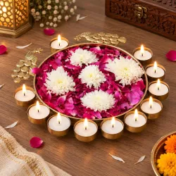 eCraftIndia Golden Metal Traditional Peacock Designer Urli with 11 Tea Light
