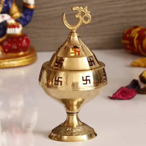 Image of eCraftIndia Golden Om & Swastik Brass Akhand Diya