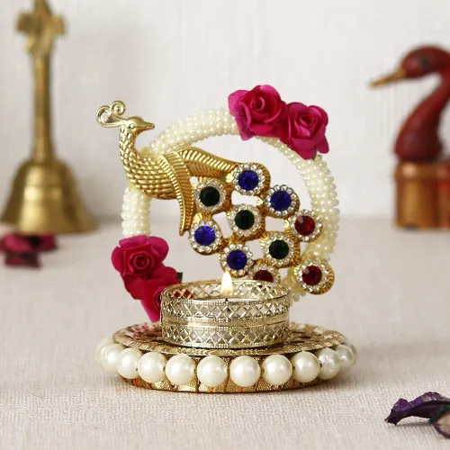 Image of eCraftIndia Metal Peacock Floral Decorative Tea Light Candle Holder