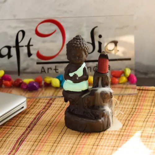 Image of eCraftIndia Meditating Monk Buddha Backflow Incense Holder with 10 Cones