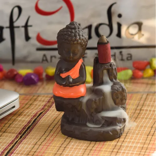 Image of eCraftIndia Orange Brown Meditating Monk Buddha 