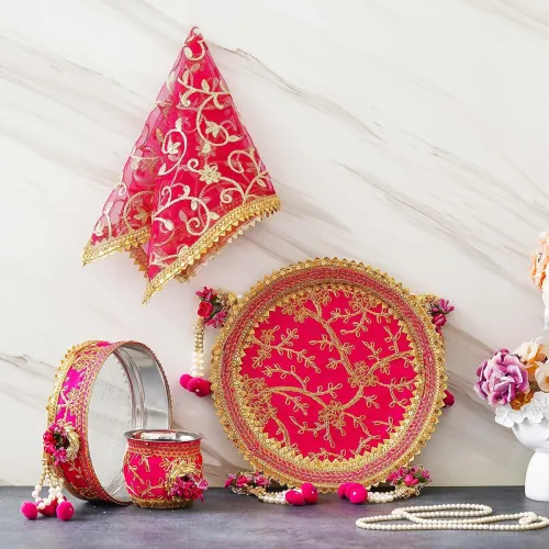 Image of eCraftIndia Stainless Steel Karwa Chauth Pooja Thali Set