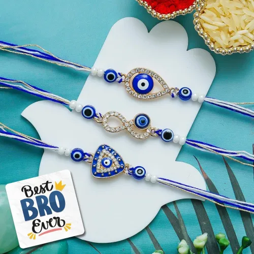 Image of eCraftIndia Set of 3 Diamond Evil Eye Rakhis