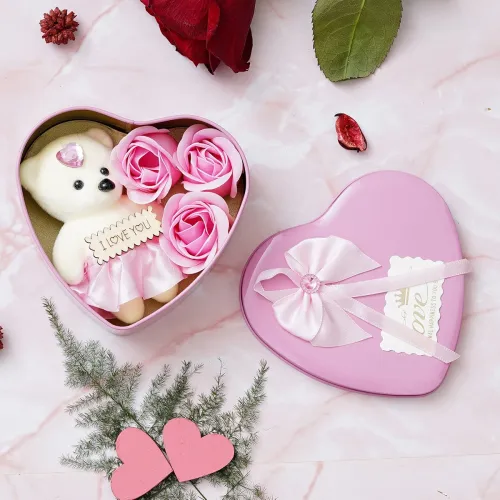 Image of eCraftIndia Valentine Gift for Girlfriend Boyfriend | I Love You Teddy Bear Pink Roses Heart Shaped Gift Box | Valentine