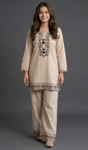 Image of EDLEY ALLAN Embroidered Cotton Blend A-line Kurta for Women (Beige)