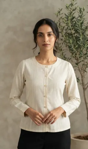 Image of EECANTA Women Regular Fit Striped Mandarin Collar Formal Shirt