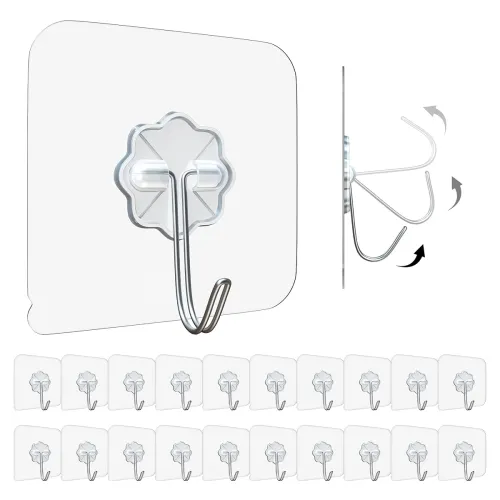 Image of Eightiz 20 Pcs Flower Hook PVC Heavy Duty Self Adhesive Stainless Hooks, Transparent Waterproof and Oilproof Wall Hooks 