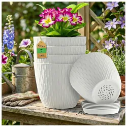 Eightiz (Pack of 5 6 Inch Plastic Flower Pots for Indoor & Outdoor Terrace,Garden Plants Decorative Planters with Drainage Holes & Matching Saucers Durable & Lightweight (White)