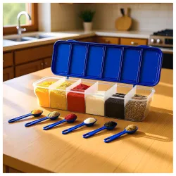 Eightiz Multipurpose Plastic 6 in 1 Masala Box for Kitchen, Transparent Pickel Box, 6 Compartment Storage Container Airtight for Cereal, Dry Fruits Dabba1800 Ml with 6 Spoons(Blue)