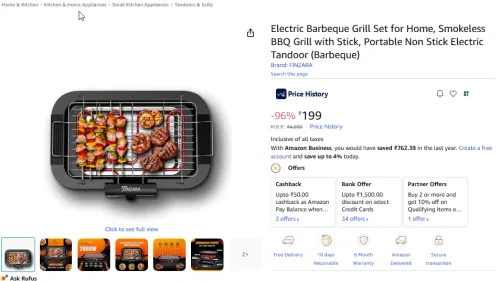 Image of Electric Barbeque Grill Set for Home, Smokeless BBQ Grill with Stick, Portable Non Stick Electric Tandoor (Barbeque)