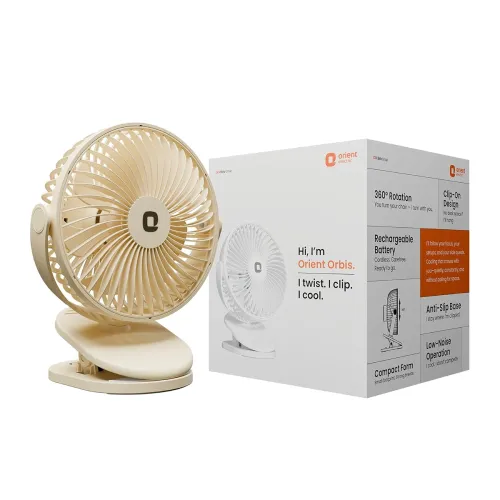 Image of Orient Electric Orbis Rechargeable Personal Fan | 360° Rotation | 1800 mAh Battery | 4 Speed Modes with Timer 
