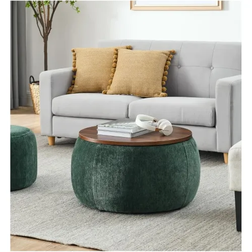 Image of Elegent Debe Round Coffee Table with Wooden Top, Storage Ottoman Tables for Living Room, Centre Tables, Farmhouse Wood D
