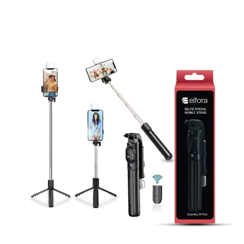 Image of Elfora Bluetooth Selfie Stick Tripod with Light (Black)