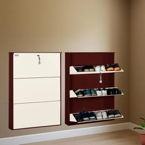 Image of DELITE KOM 29 Inch Wide, 3 Shelf Metal Shoe Rack Wall Mounted for Home with Central Lock | Holds Upto 12 Shoes or 18 Sli