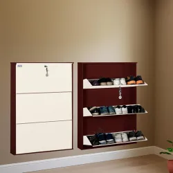 DELITE KOM 29 Inch Wide, 3 Shelf Metal Shoe Rack Wall Mounted for Home with Central Lock | Holds Upto 12 Shoes or 18 Sli