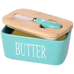 Butter Dishes Box Premium Quality Elite Range Heavy Fine Porcelain Butter Box,Butter Dish with Wooden Top Cover,Lid with a Knife (Light Green), Standard