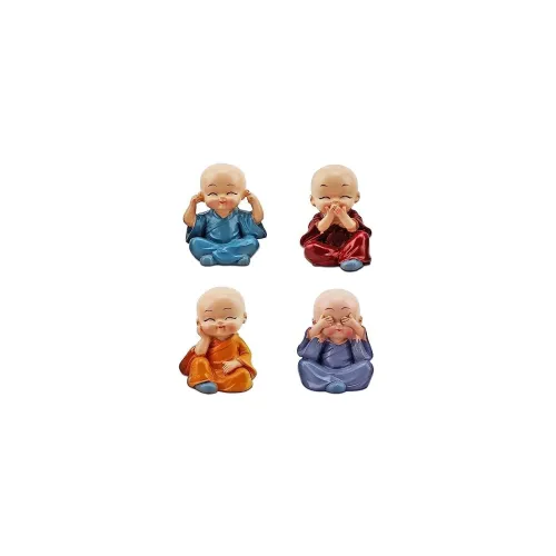 Image of ELITEWAVE Resin Set of 4 Buddha Monk Statues Miniature Figurines Showpiece for Wall Shelf Table Desktop Car Dashboard De
