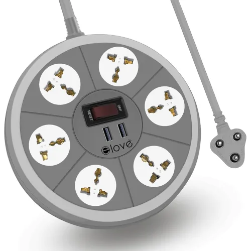 Image of Elove USB Extension Board, 6 Outlets 2 USB Port Auto Reset ON/Off Button, 2.4 amp Fast Charging Port, Universal Multi So