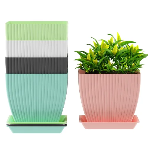 Image of ELUVIA 7-inch Square Planters with Saucers (Set of 5) 