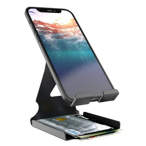 Image of ELV Universal Mobile Phone Tabletop Stand Holder Mount with Inbuilt Cable Organiser and Card Holder - Black