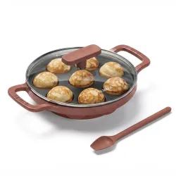 Ember Pre-Seasoned Cast Iron Appe Pan with Glass Lid | Ready to Cook Paniyaram Pan | Low-Oil Paddu Maker | 9 Moulds | Terracotta