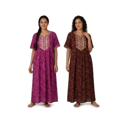 Embroidery Nighty for Women Pure Cotton Combo Pack of 2