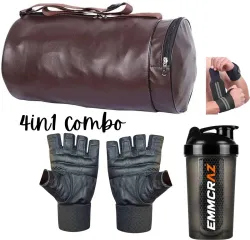 EMMCRAZ gym bag with protein shaker with gym gloves and wrist support (Brown, Kit Bag)