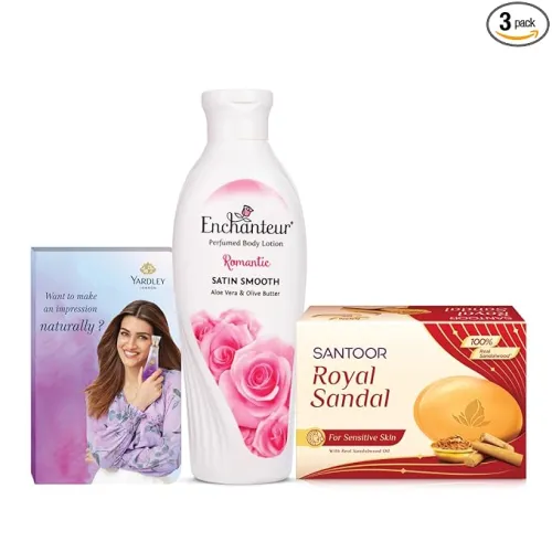 Image of Enchanteur Romantic Hand and Body Lotion 100ml + Yardley Perfume 10ml + Santoor Royal Sandal Soap 75g