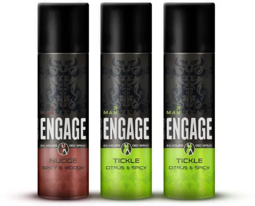 Image of Engage Deo Combo 1 Nudge 220ml and 2 Tickle 220ml, Spicy Fragrance Deodorant Spray - For Men (660 ml, Pack of 3)