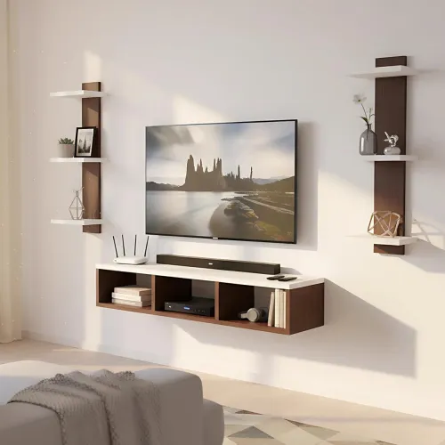 Image of ESTANTERIA 43" Wall Mounted Engineered Wood TV Unit with Shelves & Cabinet