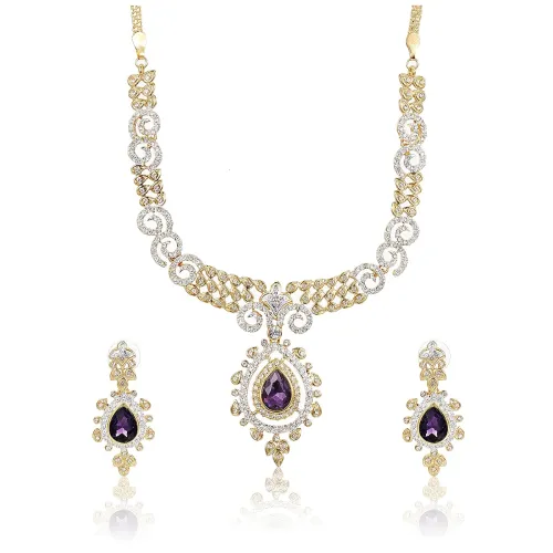 Image of Estele 24Kt Gold Plated Austrian Crystal With Blue Stone Necklace Set for Women