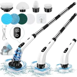 Etekcity Electric Spin Scrubber,Upgrade LED Display Cordless Shower Scrubber with 8 Replaceable Brush Heads Adjustable 2 Speeds Extension Handle Power Cleaning Brush for Bathroom, Floor (Gre...