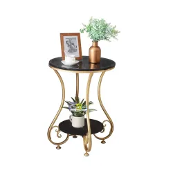 Etiquette Art Farmhouse Round Coffee Side Table Gold Black