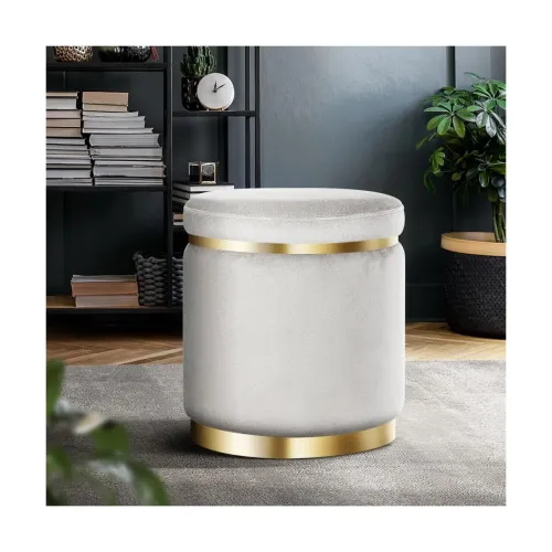 Image of ETIQUETTE ART Upholstered Velvet Round Dual Strip Ottoman Office Stool Foot Rest Stool Linen Fabric Padded Seat Pouf Ott
