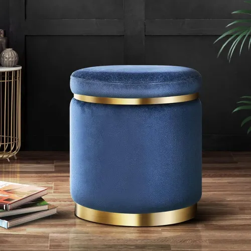 Image of ETIQUETTE ART Upholstered Velvet Round Dual Strip Ottoman Office Stool Foot Rest Stool Linen Fabric Padded Seat Pouf Ott
