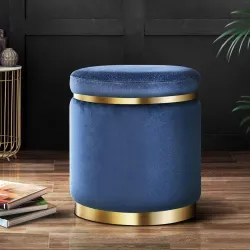 ETIQUETTE ART Upholstered Velvet Round Dual Strip Ottoman Office Stool Foot Rest Stool Linen Fabric Padded Seat Pouf Ott