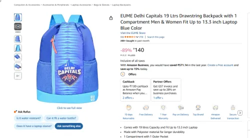 Image of EUME Delhi Capitals 19Ltrs Drawstring Backpack