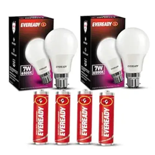 Image of Eveready Pack Of 2 B22D 7W Led Light Bulb + 4 Aa Batteries 