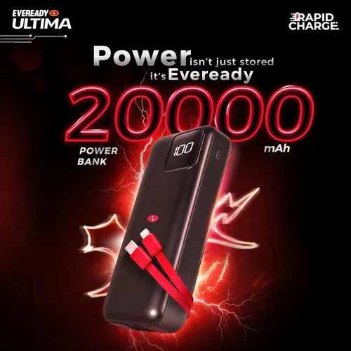 Image of Eveready Ultima Power Bank PB11 with Built-in-Cables 20,000 mAh, 22.5W Fast Charging, Multiple Ports & Universal Compati