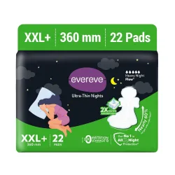 Evereve Ultra-Thin Nights Sanitary Pads for Women, XXL+ 360mm, 22 Pads, 60% Longer & Wider Back, Soft & Breathable, Rash
