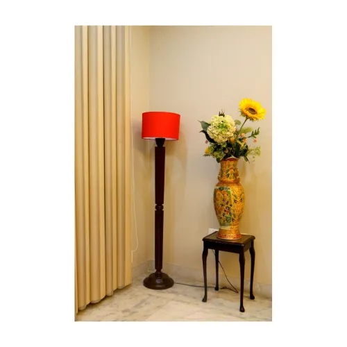 Image of Evergreen Dark Brown Mango Wood Floor LAMP with Drum Shade